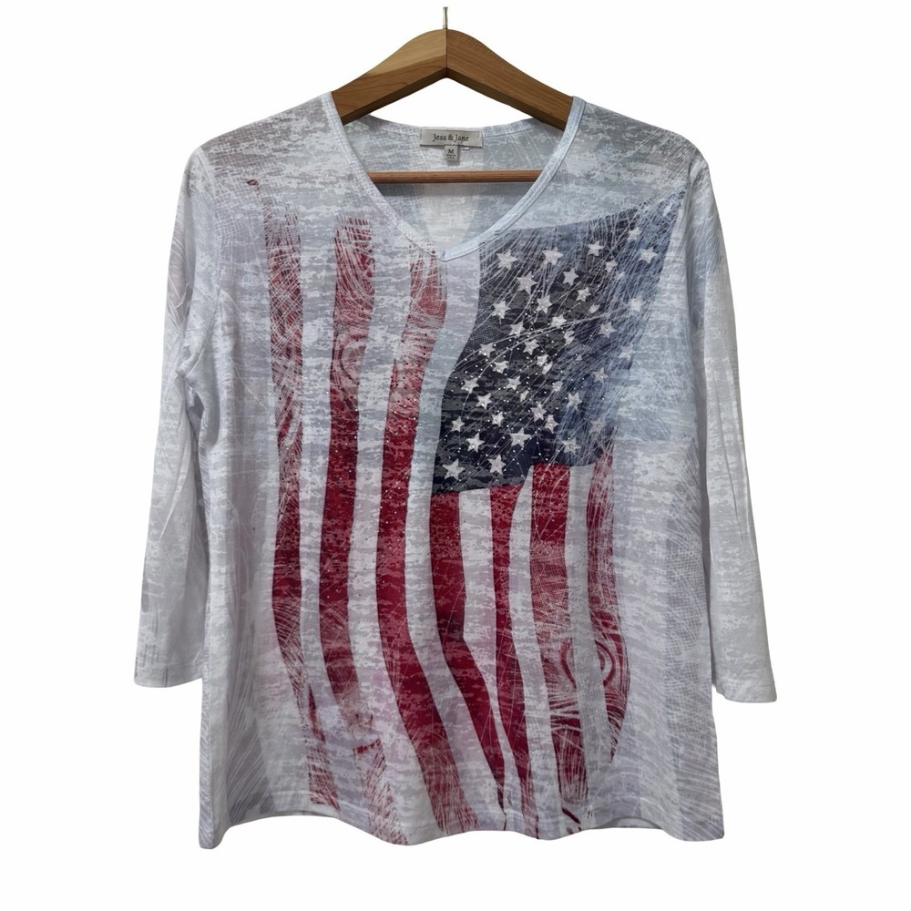 Jess & Jane Womens American Flag 3/4 Sleeve Top Size M Red Patriotic Embellished